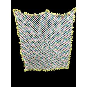 Vintage Crochet Baby Blanket Pastels 44" Square Yellow Pom Pom Trim